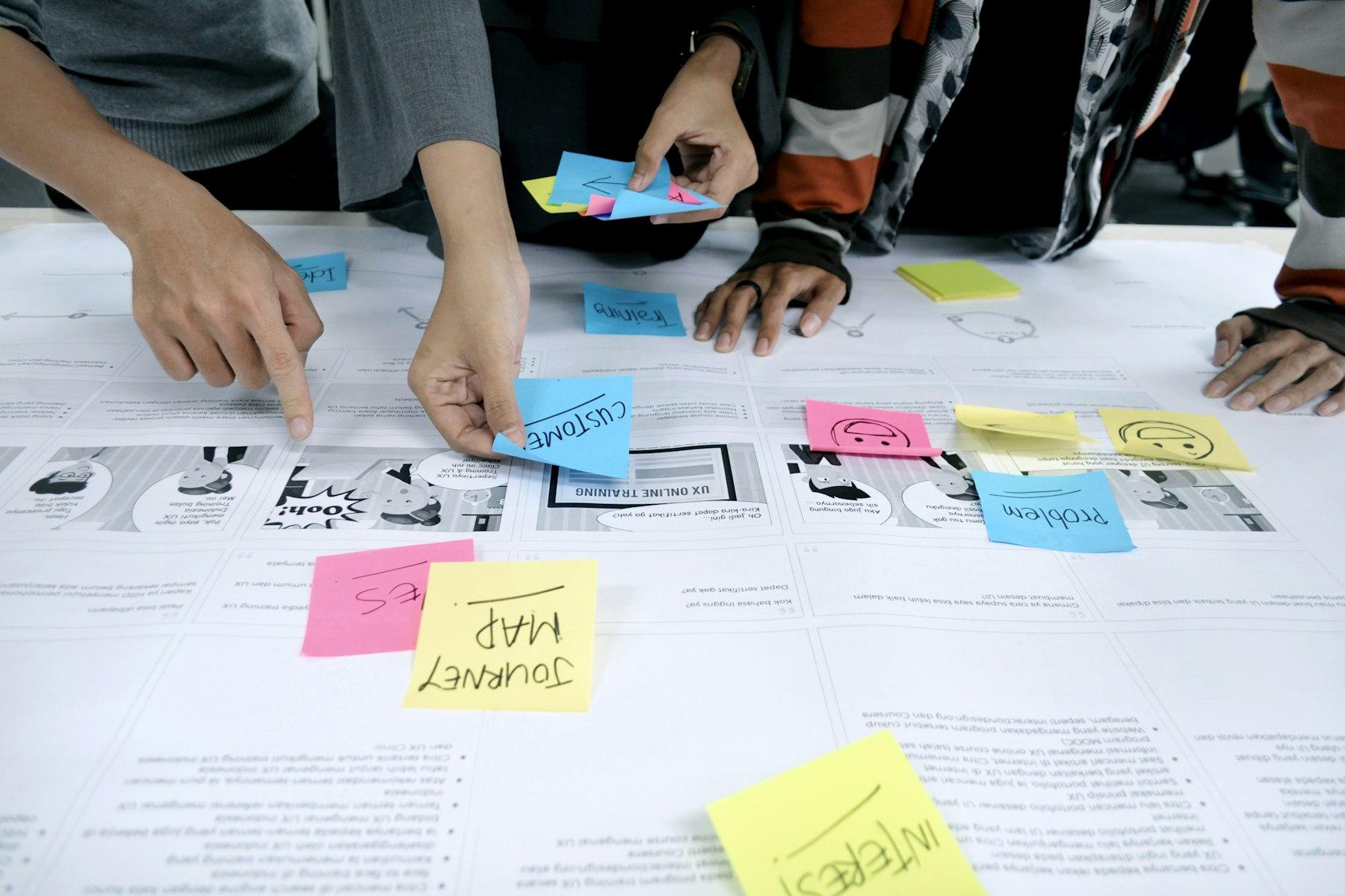 A team planning with sticky notes on a large table